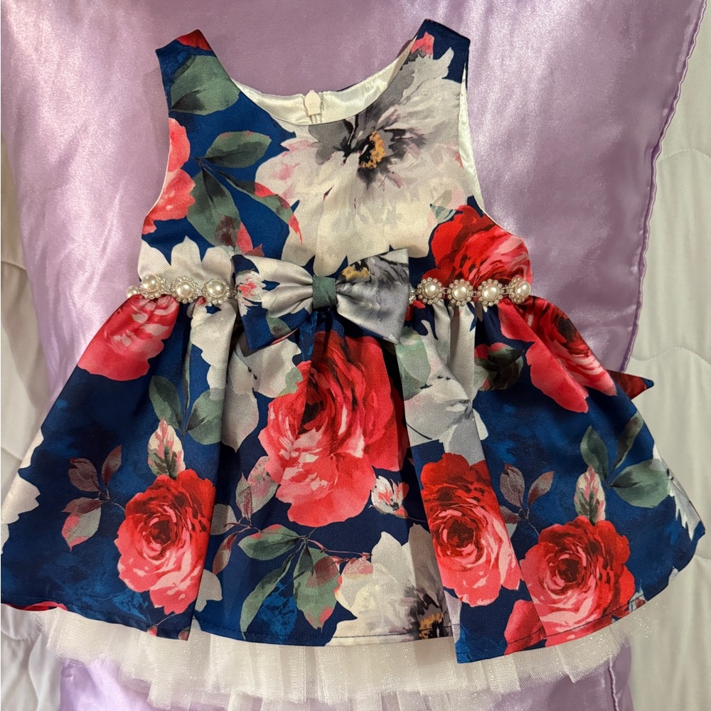 Couture Princess Floral Multi Color Jeweled Belt Baby Dress Sz 12 Months, NWOT